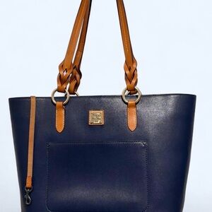 Navy Blue & Tan Leather Tote Bag - Classic Two-Tone Shoulder Bag